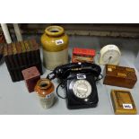 Vintage telephone, Smiths timing clock, stoneware jar, tin box etc