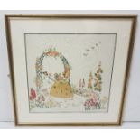 A framed crinoline picture – “Victorian Lady in a garden”, in a gilt frame