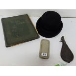 4 items – powder flash, cut throat razer in case, gents bowler Hat (Tyson) & “Scrap Album” with