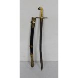 Antique Military Sword – the curved blade in a leather scabbard with brass mounts and circular