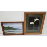 2 Pictures – watercolour of Lillies, initialled S.B. & oil, Seascape (2)