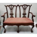 Chippendale mahogany Chair Back Settee, on 3 cabriole front legs, ball and claw feet, red and gold