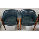 Pair of modern teal coloured leather upholstered Tub Chairs with removable seat cushions, on