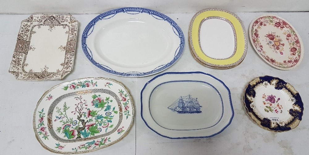 A group of floral porcelain plates & a blue and white meat plate (10)