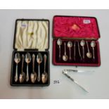 Set of 6 solid silver apostle spoons with tongs (twist-shaped handles) & a set of 6 plated