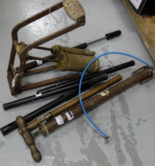 6 x 1950s bicycle pumps, HERCULES, CLARION, BRITTON, BLUENELS, one “FOREIGN", a large brass framed