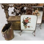 Brass fireside coal box, scuttle and 2 brass and mirrored framed fire screens