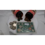 2 x jars of old Irish and English coins – penny, half penny etc, presentation case of 1960s Irish