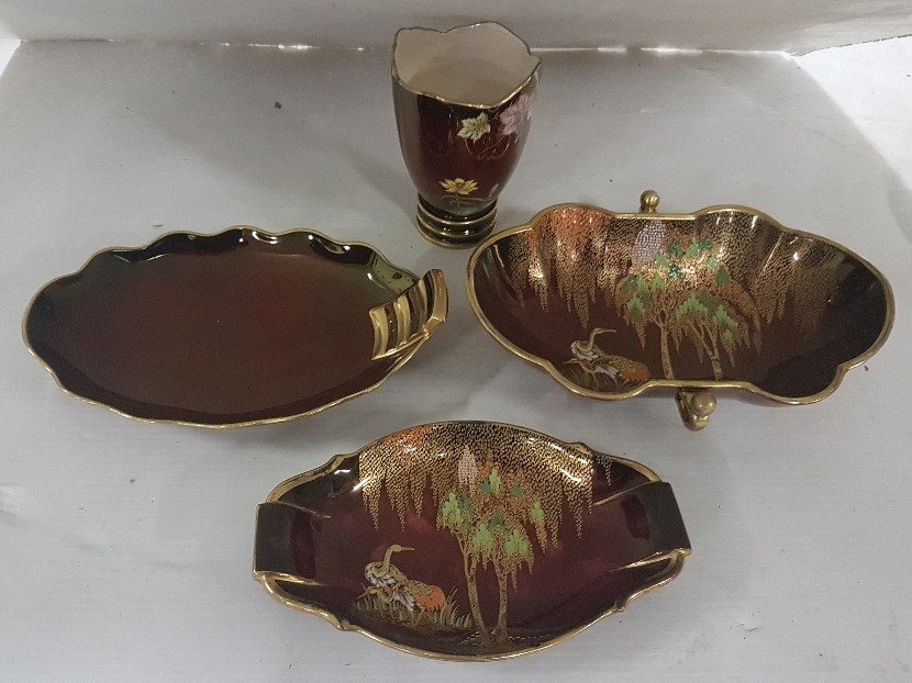 4 pieces of Carlton Ware – “Rouge Royal” with herons (3 dishes, 1 pot)