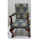 Matching of reproduction Mahogany Open Armchairs, on ball and claw feet, navy and gold fabric