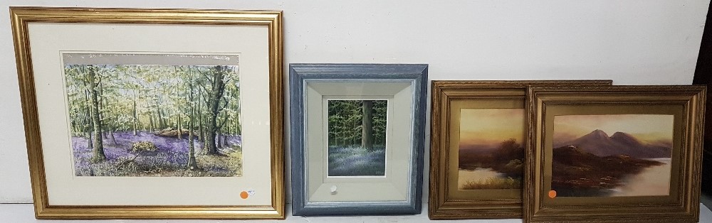 2 watercolours - Bluebells in forest, one signed K O'Connor, one signed Lee Crowe and pair of oils -