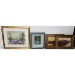 2 watercolours - Bluebells in forest, one signed K O'Connor, one signed Lee Crowe and pair of oils -