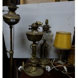 2 x electrified brass oil lamps, one with glass bowl and a small later brass table lamp & a tall