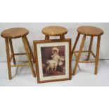 3 modern pine kitchen stools and a modern print of “Quite Ready”, Philip Richard Morris (1888-1902),