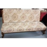 Mahogany framed Hall Settee, upholstered with beige floral fabric on sprung base, cabriole front