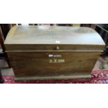 Large wooden trunk, with a domed top, from the sister ship to the Titanic, stamped AK 1910, with