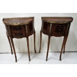 Matching pair of French style inlaid demi-lune shaped bedside cabinets, with raised brass rims,