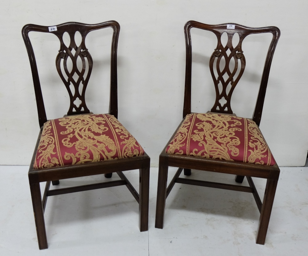 Matching Pair of Mahogany Chippendale Style Side Chairs, with padded seats, red fabric