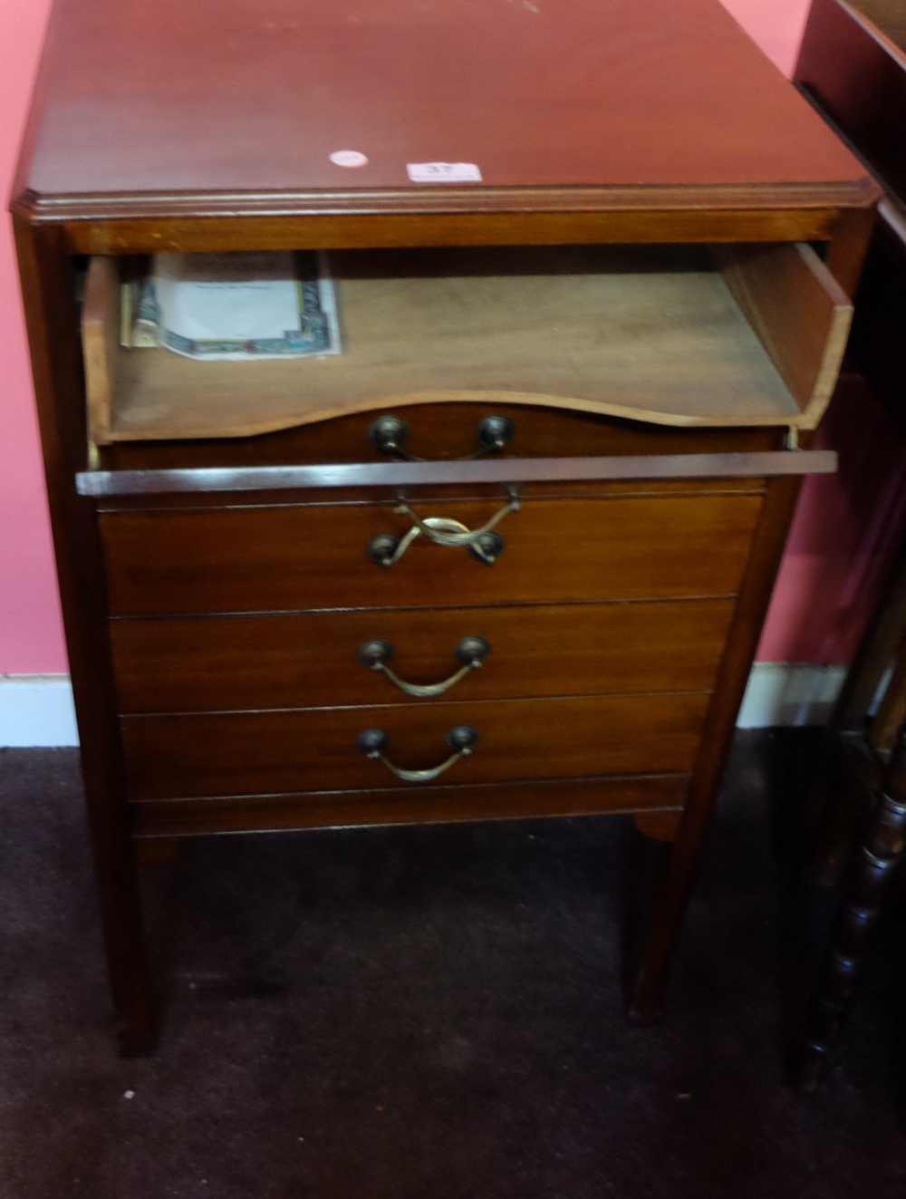 Mahogany music cabinet with 5 drop front drawers, brass handles, 20”w x 32”h & Mahogany side table - Image 2 of 2