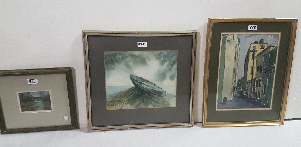 3 x pictures – miniature framed oil – riverscape, watercolour of a Dolmen & watercolour – “Roud’s