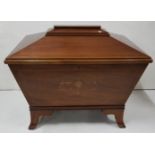 Late 19thC sarcophagus shaped Mahogany Wine Cooler, the hinged lid above an inlaid front featuring a