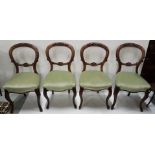 Set of 4 Victorian walnut sitting/dining chairs, balloon backs, green velour padded seats, sabre