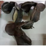 3 leather horse saddles for hunting – 1 in good condition, two more worn (3)