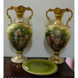 Pair of painted pottery vases, pair French “Choisy” green plates, 3 pieces souvenir teaset & 3