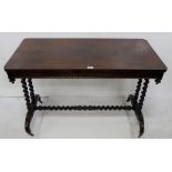 19thC Rosewood Sofa Table, with barley twist side supports and stretcher, on four c-shaped legs,