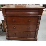 Mahogany Chest of Drawers with a cross banded top, apron drawer, 3 lower drawers, turned handles,