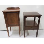 Mahogany bedside cabinet, inlaid, on tapered legs, 16”w x 30”h and a 2 tier mahogany occasional
