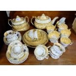 19thC Gold Rimmed Porcelain boat-shaped Teapot with accompanying tea cups, saucers, sugar bowl