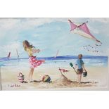 LORNA MILLER, Flying Kites on the Beach, Acrylic on Board, 50cm x 75cm, in a contemporary white