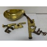 2 brass counter bar corkscrews, one stamped 2362, one Capel St, Dublin (Acme) and oval brass pan (