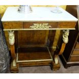 Empire Style Side/Console Table, with a white marble top over lion masked cabriole legs, stretcher