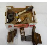 Small box of cooper’s tools, hammers, Jarvis and rounder (W Greaves & Sons), hoop driver, beech