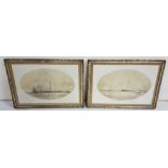 Matching pair of sepia oval mezzotints “Fishing Trawlers”, 30cm x 40cm, mounted, in silvered