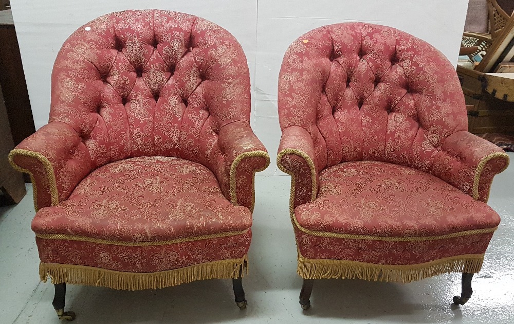 Matching pair of Victorian armchairs, oval backs covered with red/gold fabric, buttoned(worn), 30”