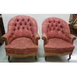 Matching pair of Victorian armchairs, oval backs covered with red/gold fabric, buttoned(worn), 30”