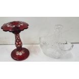 Old Irish Cut Crystal Decanter, 3 moulded glass shell -shaped Serving Dishes (1 chipped), red