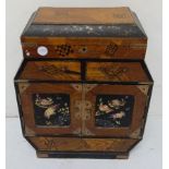 Lacquered papier mache jewellery cabinet, with hinged lid over 2 drawers & 2 mother of pearl/shell