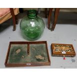 Italian Jewellery Box (musical), large green glass bulbous jar & a mahogany cutlery tray (3)