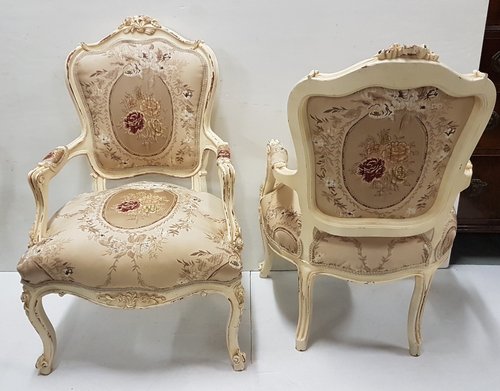 Matching Pair of floral silk covered French Style Armchairs, in carved wood cream frames - Image 2 of 2