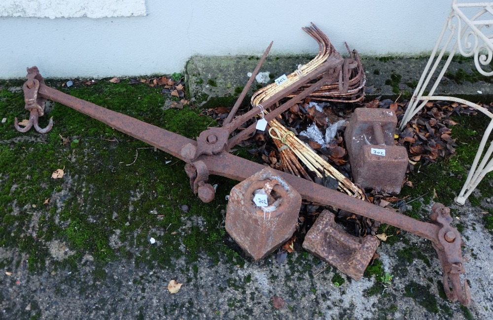 Cast Iron balance scales, 3 large weights and a bundle of steel hinges