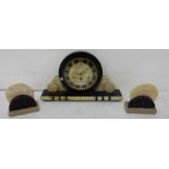 3 Piece Art Deco Clock Set – circular black marble surround mantle clock with pair of marble side