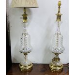 Matching Pair of tall Cut Crystal Stemmed Table Lamps, with brass mounts (electric, recently re-