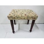 William IV stool on 4 turned and reeded mahogany legs, floral buttoned padded seat, 20"w