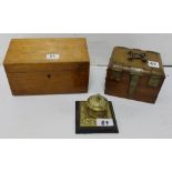 Edwardian brass Inkwell, Victorian stationery box and yew wood jewellery box with brass hinges (3)