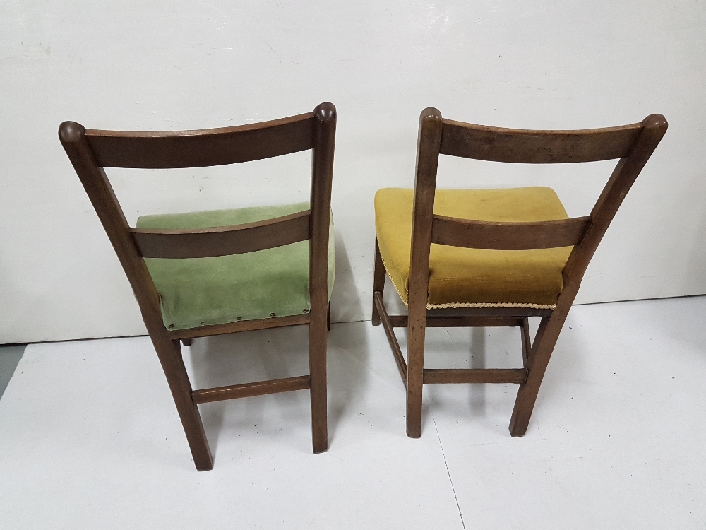 6 Mahogany Dining Chairs, inlaid, on tapered legs (2 x sets of 3), green fabric and gold fabric - Image 2 of 2