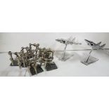 Pair of modern chrome “jet fighters” table ornaments (Indian), each 16”w and a chrome artistic